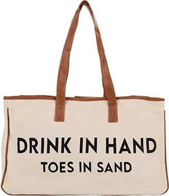 Funky Junque Large Cotton drink In Hand Toes In Sand Tote Bag In Beige