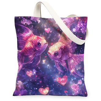 Generic Valentines Day Gold Fish Canvas Tote Bag for Shopping 13x15, Ocean Sea Sealife Love Heart Reusable Grocery Print Pattern Bag for Women, Couple Lover B