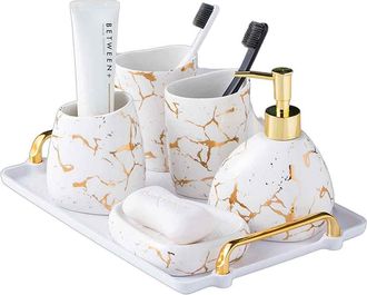 OEM Ensemble 6 Pi&egrave;ces C&eacute;ramique Blanche Effet Marbre Dor&eacute; - Distributeur, Brosse &Agrave; Dents, Gobelet, Porte-savon, Etc