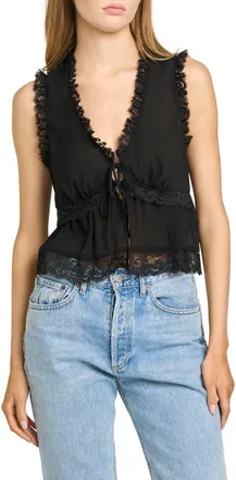 Wayf Norah Lace Trim Tie Front Top in Black at Nordstrom, Size X-Large