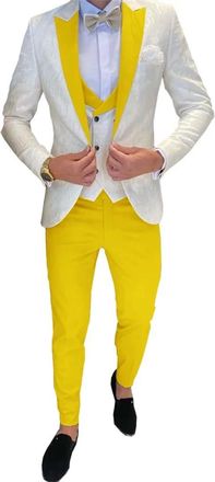 Generic Mens Wedding Groom Suit 3 Piece Jacket Pants Vest Formal Tuxedo Elegant Mens Suit Bow Tie Yellow L