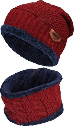 World of Shawls Unisex Men Women Knitted Fleece Beanie Hat and Circle Scarf Snood Set Warm Soft and Comfortable (Maroon)