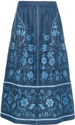 Vita Kin Floral-Embroidery Linen Midi Skirt - Womens - Linen/Flax