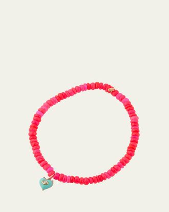 Sydney Evan 14K Yellow Gold Small Carved Diamond Marquise Bezel Turquoise Heart Charm on Hot Pink Opal Beaded Bracelet