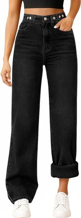 Generic Wide Leg Jeans for Women UK Fleece Lined Stretch Jeans for Women Winter Warm Denim Joggers High Waist Ladies Lounge Pants with Pockets Loose Comfort B