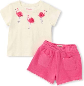 Hatley Kids Flamingo Cotton T-Shirt & Terry Shorts Set in Cami Lace at Nordstrom, Size 12-18M