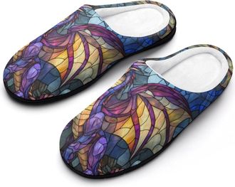 Generic Dragon Stained Glass Mens Slippers Slip On Comfortable Fleece Cotton House Shoes Winter