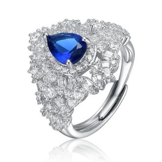 Rachel Glauber White Gold Plated with Sapphire Tear-Shaped Cubic Zirconia Cluster Ring
