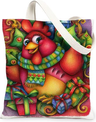 Generic Christmas Chicken Canvas Tote Bags, Colorful Poultry Design Reusable Grocery Bags, Retro Lightweight Washable Shoulder Stra, Colorful, 13x15 Inch