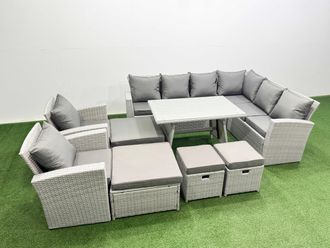 Fimous 12 Seater Garden Outdoor Rattan Furniture Set Dining Table 2 Armchairs in Light Grey
