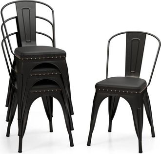 Costway Costway - Metal Dining Chair Set of 4 Indoor Stackable Kitchen Chairs-Black Grey