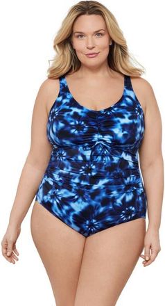 Aqua Green Plus Size Cinch V-neck Side Shirred One-Piece Swimsuit in Chic Tie Dye at Nordstrom, Size 1X