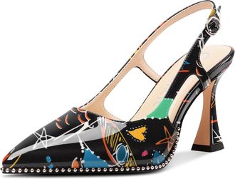 Castamere Womens Slingback Chunky High Heels Close Pointed Toe Dressy Pumps Wedding Party Shoes 9 CM Heels Black Doodle 6.5 UK