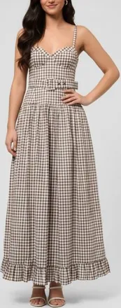Rachel Roy Elodie Sweetheart Neck Maxi Dress in Ivory Brown Gingham at Nordstrom, Size 14