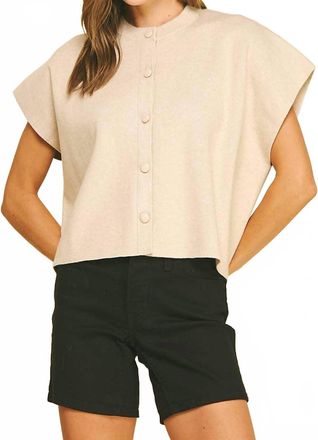Pinch Design Button Down Cap Sleeve Sweater In Oatmeal
