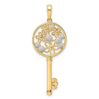Diamond2Deal 14k Yellow Gold and White Rhodium Flowers Key Pendant