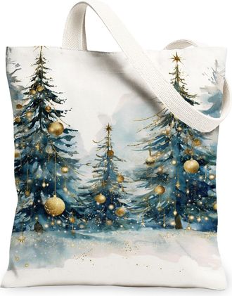 Generic Christmas Tree Canvas Tote Bags, Winter Forest Pattern Reusable Grocery Bags, Vintage Lightweight Washable Shoulder Strap C, White, 13x15 Inch