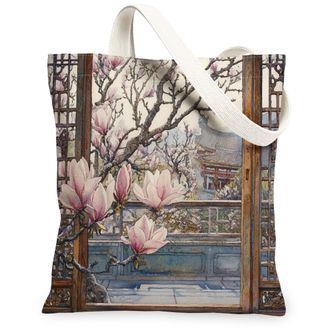 Generic Spring Magnolias Flower Canvas Tote Bag for Shopping 13x15, Farmhouse Country Floral Reusable Grocery Print Bag for Women, Window Rustic Beach Aesthet
