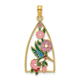 Diamond2Deal 14k Yellow Gold Enamel Hummingbird Flowers Charm