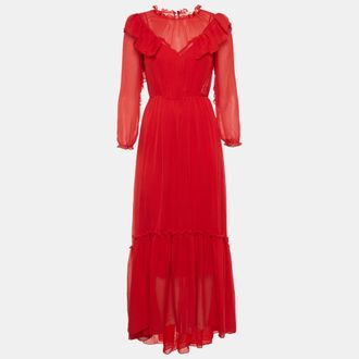 Maje Red Chiffon Ruffle Maxi Dress
