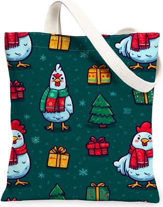 Generic Christmas Chicken Canvas Tote Bags, Cute Hen Pattern Reusable Bags, Winter Lightweight Washable Shoulder Strap Canvas for T, Green, 13x15 Inch