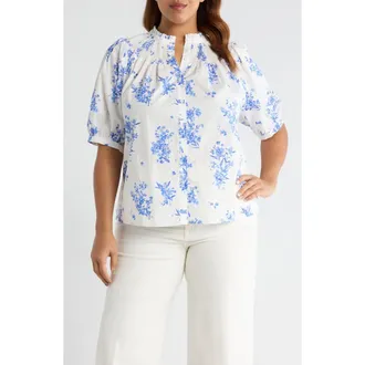 Sugarlips Bestia Floral Smocked Yoke Button-Up Top in Cream-Blue at Nordstrom, Size 2 X