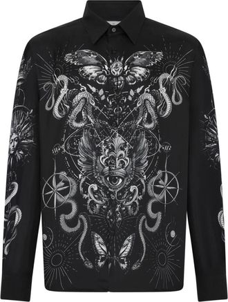 Philipp Plein Overhemden, Heren, Zwart, M, Silk Shirt All-Over Tattoo