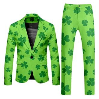 Generic Mens St. Patricks Day Suit 2 Peices Irish Clover Shamrock Printed Formal Lapel Button Down Blazer Wide Leg Pants Trousers Leprechaun Fancy Dress Holid