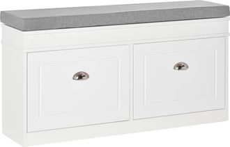 OEM Panca Scarpiera Salvaspazio In Legno Con Cuscino, 2 Cassetti Con Mensola Regolabile Per 8 Scarpe, 104x24x55cm, Bianco
