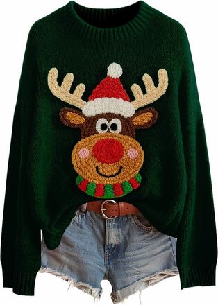 Generic Funny Xmas Jumpers Christmas Knited Jumper Women Ladies Xmas Sweaters Cute Santa Claus Tops 04-Dark Green M