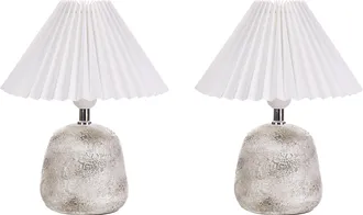Beliani Beliani - Conjunto De 2 L&aacute;mparas De Mesa De Cer&aacute;mica Mesita De Noche Pantalla Sint&eacute;tica De C&uacute;pula Plisada Gris Y Blanca Zeyi
