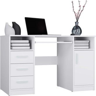 Topeshop Delta - Escritorio 120 Cm Con 3 Cajones, Armario Y Estantes Para Oficina / Dormitorio - Blanco
