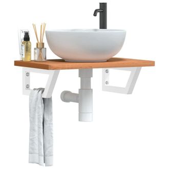 Berkfield Home Basin Shelf Wall Mounted Steel & Solid Wood Beech in Brown