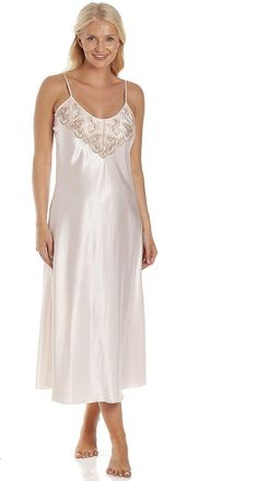 Camille Womens Luxury Satin Long Chemise - Ladies Lace Thin Strap Lightweight Nightdress - Comfortable & Breathable Summer Nightwear Peach 10-12