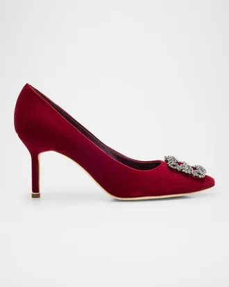 Manolo Blahnik Hangisi Velvet Pumps with Crystal Buckle