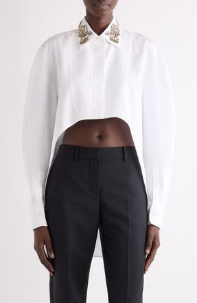 Givenchy Embellished High-Low Cotton Poplin & Piqu&eacute; Button-Up Shirt in White at Nordstrom, Size 8 Us