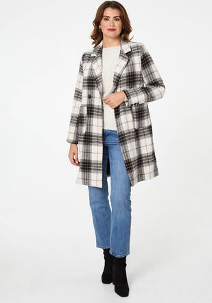 Izabel London Womens Beige Checked Double Breasted Longline Coat - Size 10 UK