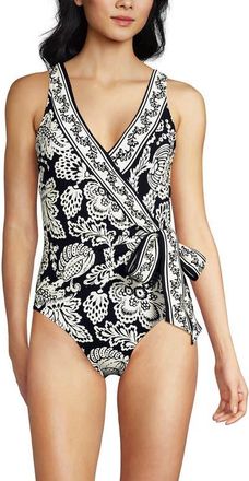 Lands End Chlorine Resistant Side Tie Wrap High Leg One Piece Swimsuit in Floral Medley/black Border at Nordstrom, Size 18