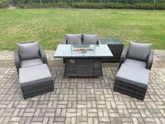 Fimous Rattan Garden Furniture Set Outdoor Patio Gas Fire Pit Dining Table & Chairs with Love seat Sofa in Dark Grey