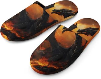 Generic Black Dragon in Flames Warm Mens Slippers Slip On Soft Fleece House Shoes Winter Indoor Outdoor