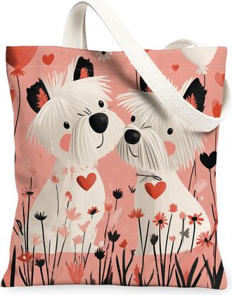 Generic Valentines Day Westie Dog Canvas Tote Bag for Shopping 13x15, Fun Couple Puppy Reusable Grocery Print Pattern Bag for Women, Lover Beach Aesthetic Pai