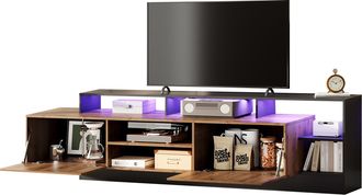 STILVORA Mueble Tv Con 2 Puertas Abatibles, Almacenamiento Abierto Y Led, Para Salon, En Tablero De Particulas, Negro Y Roble, 190 X 40 X 48.5 Cm