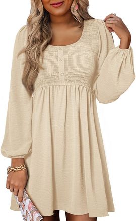 Dokotoo Womens Long Sleeve Dresses Fall Fashion Elegant U Neck Bust Gathering High Waist Ladies Dress Lantern Sleeves Solid Color Casual A Line Knee-Long Wint