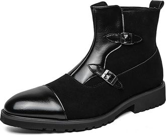 Generic Mens Pointed Toe Casual Boots with Buckle Flat Heel Office Dress Shoes PU Leather Short Boots with Side Zipper,Black,12.5 UK