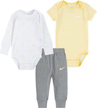 Nike Essentials 2-Pack Bodysuits & Joggers Set in Dark Grey Heather/Soft Yellow at Nordstrom, Size 0-3M