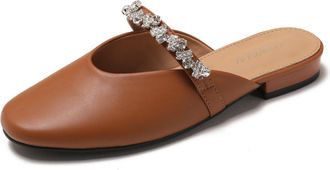 Generic Womens Rhinestones Decor Closed Round Toe Mules Backless Lightweight Casual Slip On Flats Shoes (Brown,7.5)