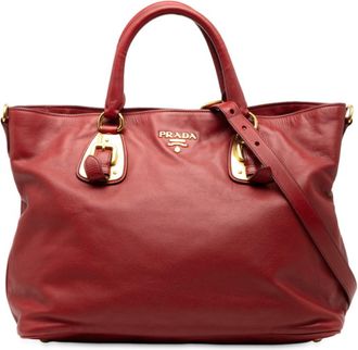 Prada Red Color Leather Shoulder Bag Tote Bag (Pre-Owned)