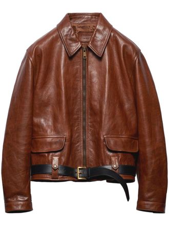 Prada belted leather jacket - women - Calf Leather - 38 - Brown