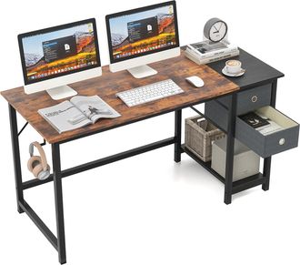 Costway Escritorio Con Cajones 140cm, Mesa Ordenador Con 2 Cajones Y 1 Estante, Mesa Escritorio Industrial, Marr&oacute;n R&uacute;stico Y Negro (140x60 Cm) - Costway