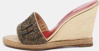 Carolina Herrera Metallic Glitter And Leather Wedge Espadrille Slide Sandals